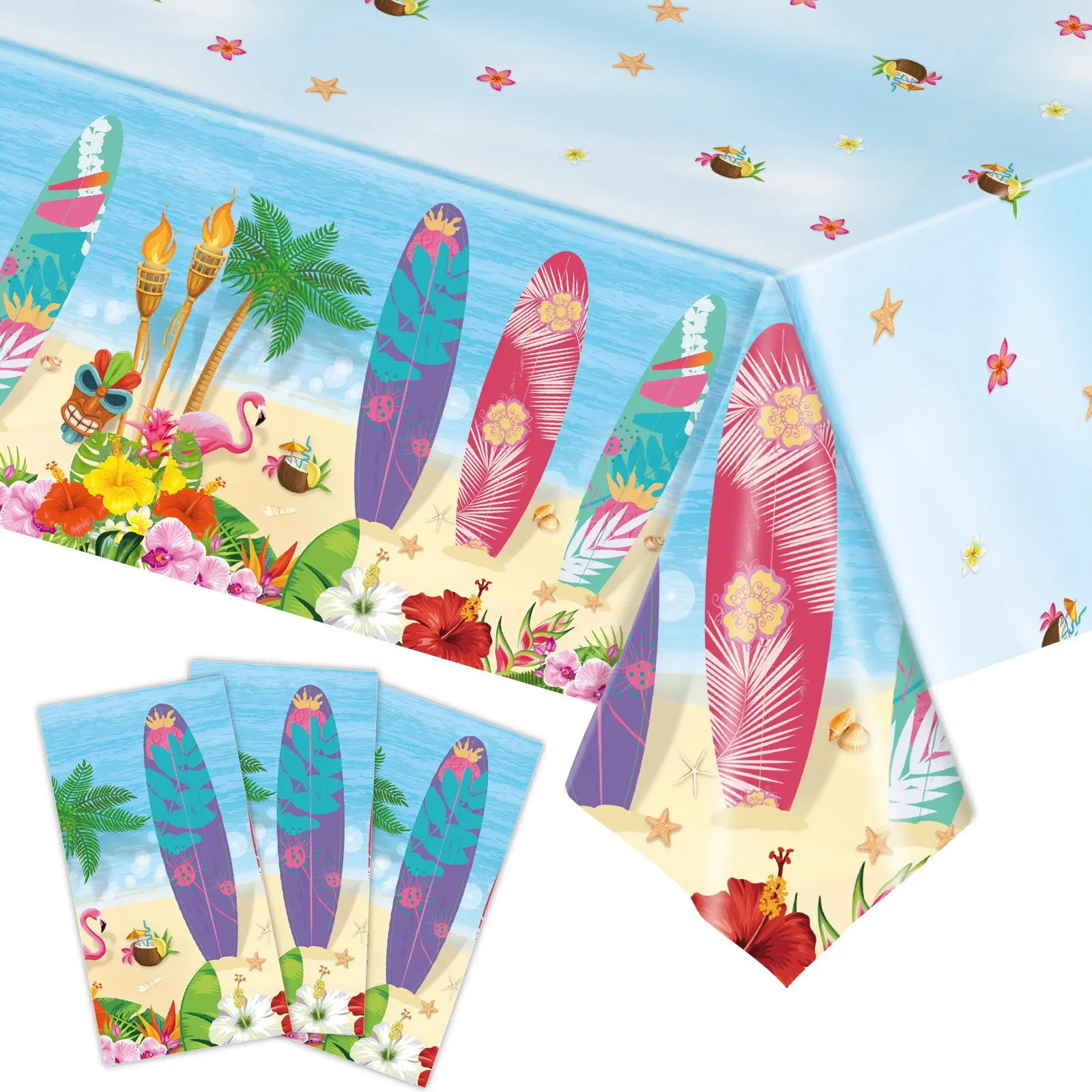 137x274cm Summer Hawaii Skateboarding Disposable Tablecloth Birthday Party Decor Palm Leaf Beach Flamingo Disposable Table Cover