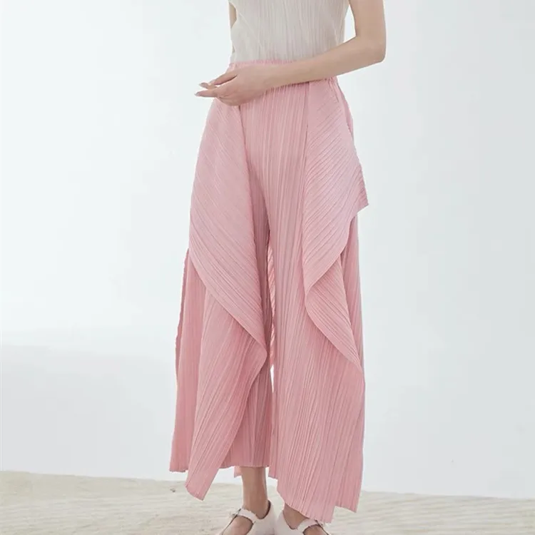 Miyake style wide leg pants women's A-type high waist sky blue elegant drape pleated casual pants wave kelp