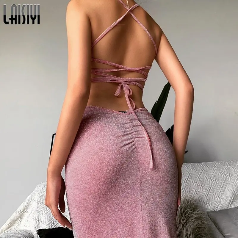 

Pink Long Dress Glitter Backless Dress Women Sleeveless Bandage Shiny Dress Spaghetti Strap Bodycon High Split Bling Midi Dress