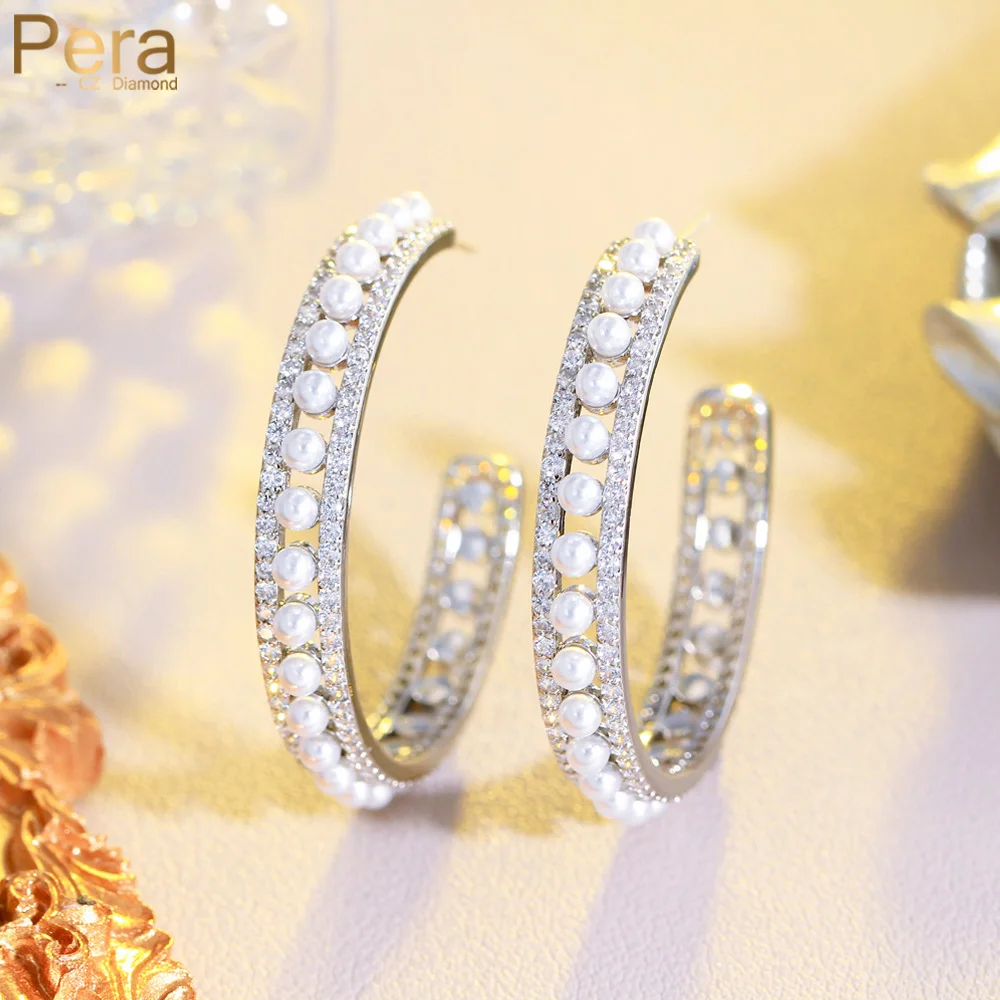 

Pera Graceful with White Pearl Charm Cubic Zirconia Bridal Wedding Party Big Half Round Hoop Earrings for Women Jewelry E021