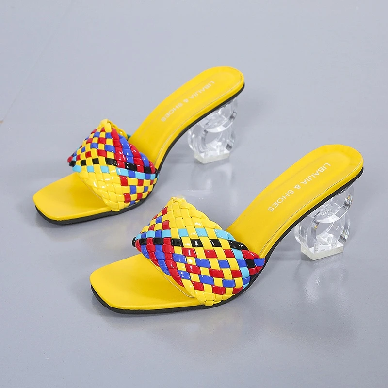

Fashion Strange Style Heel Transparent Clear Women Sandals Peep Toe Summer New Design Slippers Weave Outdoor Shoes