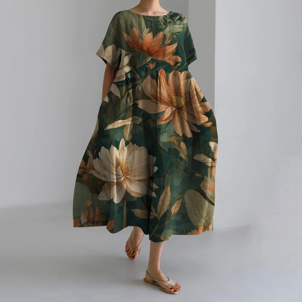 Женское винтажное платье с цветочным принтом Элегантное Длинное Платье круглым