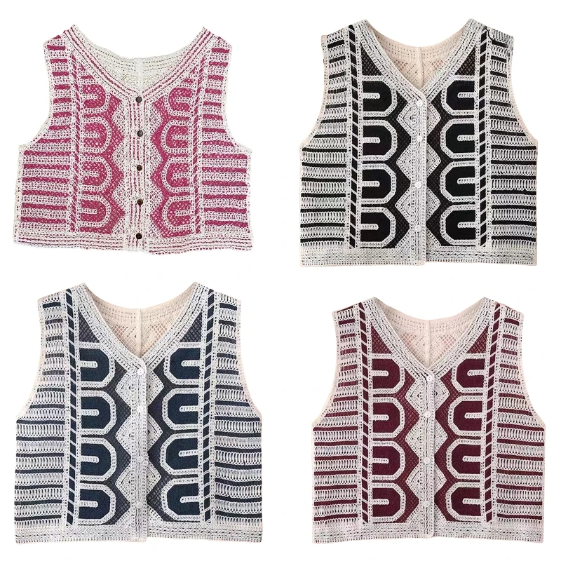 

Womens Hollow Crochet Knit Geometric Pattern Sleeveless Vest Waistcoat V-Neck Button Down Casual for Tank Top Cropped fo