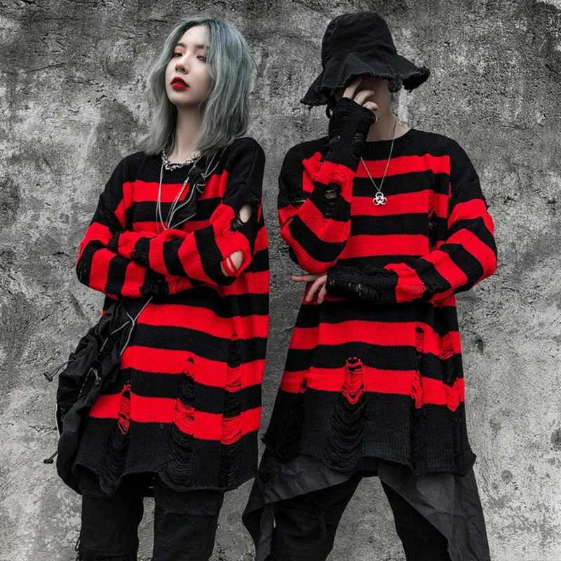 

Женский полосатый асимметричный свитер, готический вязаный пуловер средней длины в стиле панк черного, красного цветов с круглым вырезом, свободный ажурный топ в стиле ретро