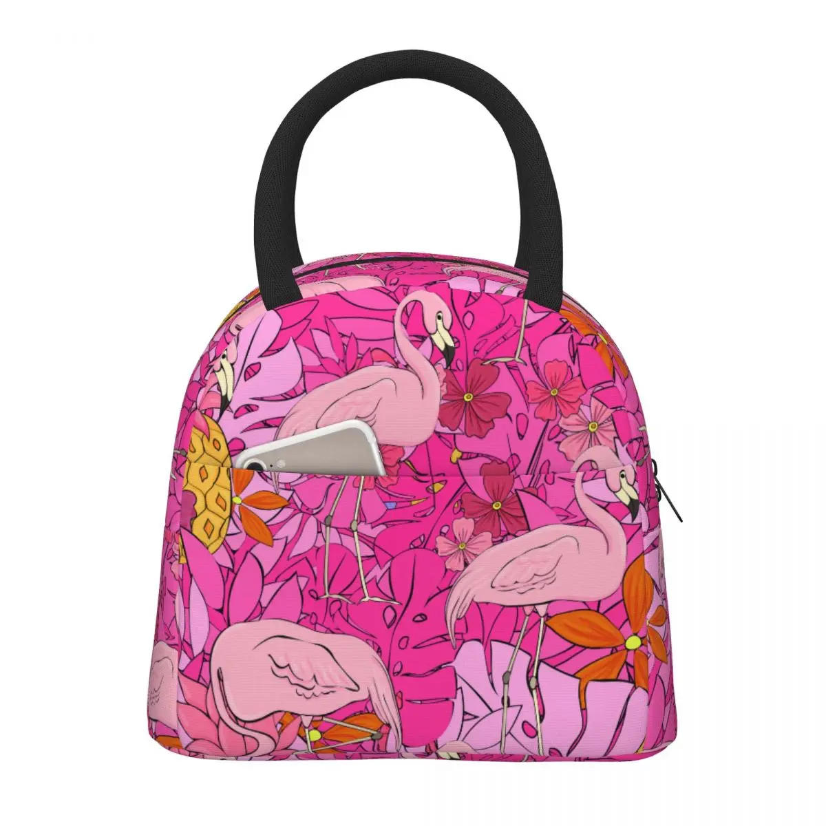 

Lunch Bag for Men Women Flamingo Cartoon Print Thermal Cooler Portable Picnic Travel Tropical Leaves Oxford Tote Bento Pouch