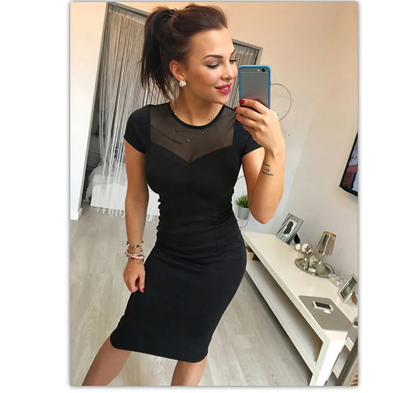 

Elegant Dress Women Sexy Bandage Skinny Pleated Dress Long Sleeve Mesh Patchwork Hollow Out Pencil Bodycon Female Dresses