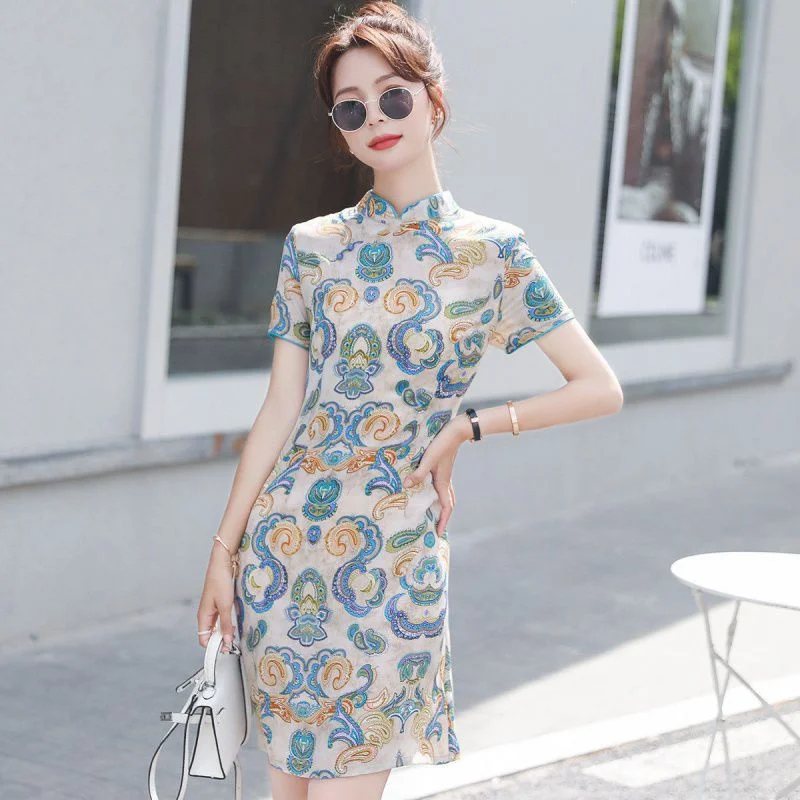 

2022 Chinese Style Print Mulberry Silk Mini Dress Summer Vintage 3XL Sexy Sundress Women Elegant Party Vestido