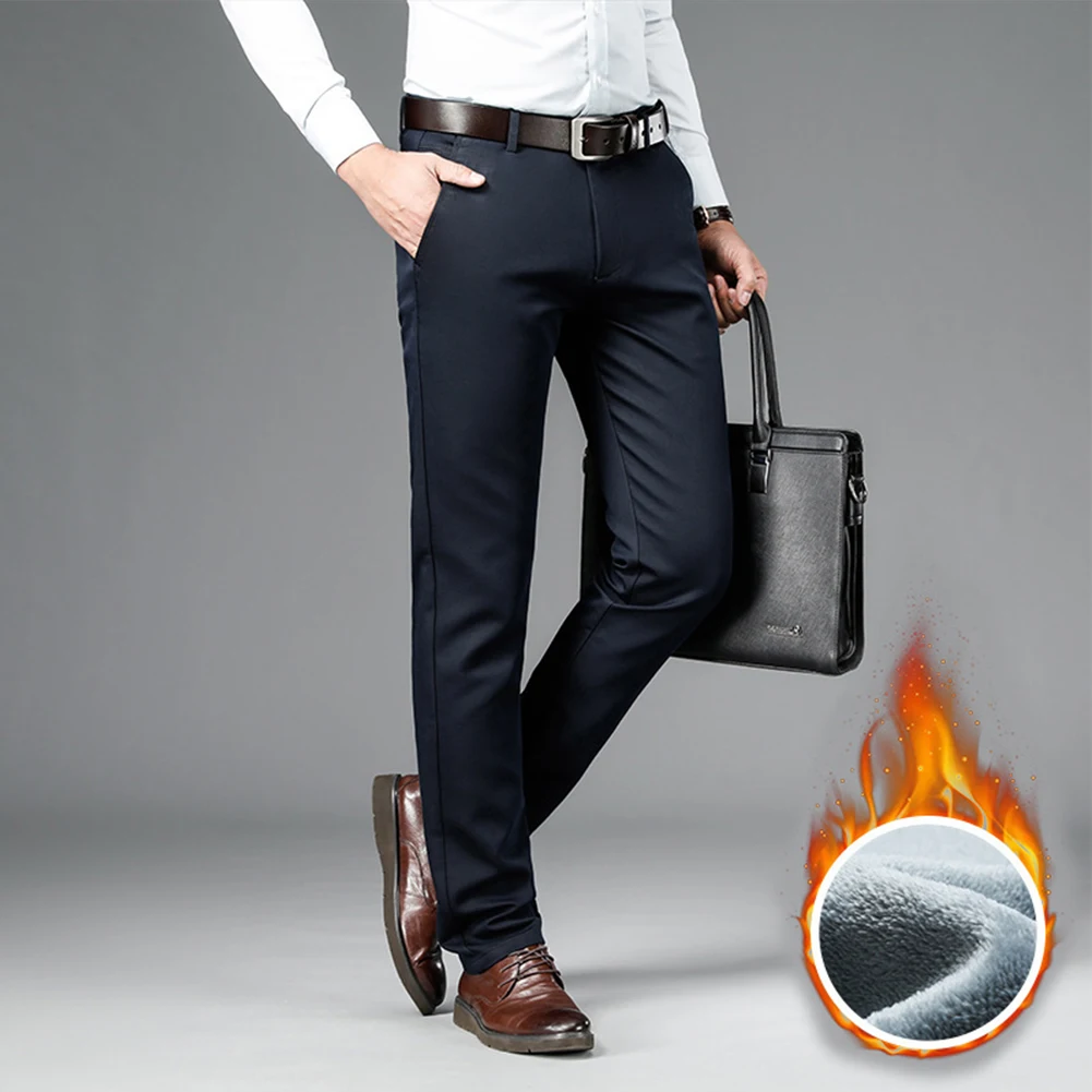 

Men's Winter Warm Fleece Lined Pants Solid Color Casual Stretch Straight Chino Pants Business Trousers Men Clothing