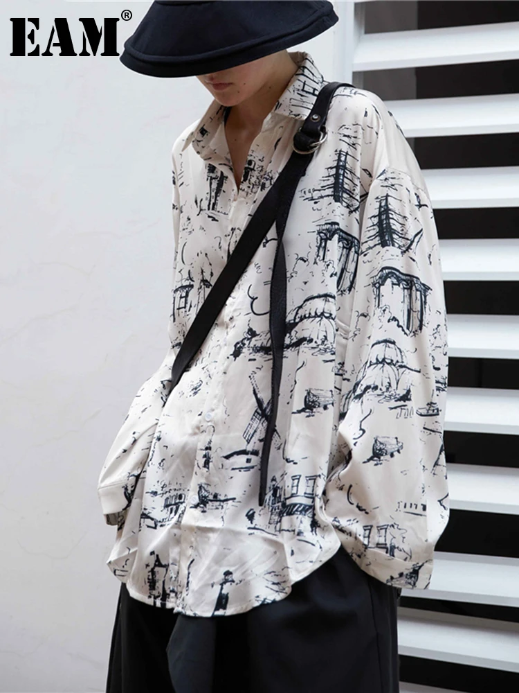 

[EAM] Women White White Pattern Printed Big Size Blouse New Lapel Long Sleeve Loose Fit Shirt Fashion Spring Autumn 2022 1DB042
