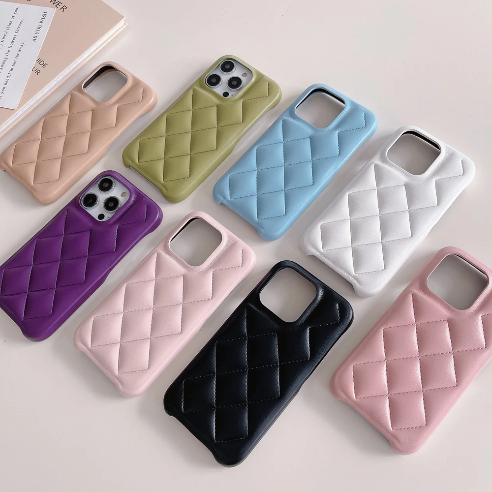 

Lambskin Grain Embroid Grid Leather Case For iPhone 14 13 12 11 Pro Max XR X XS 6 6S 7 8 Plus Bottom Empty Shockproof Cover