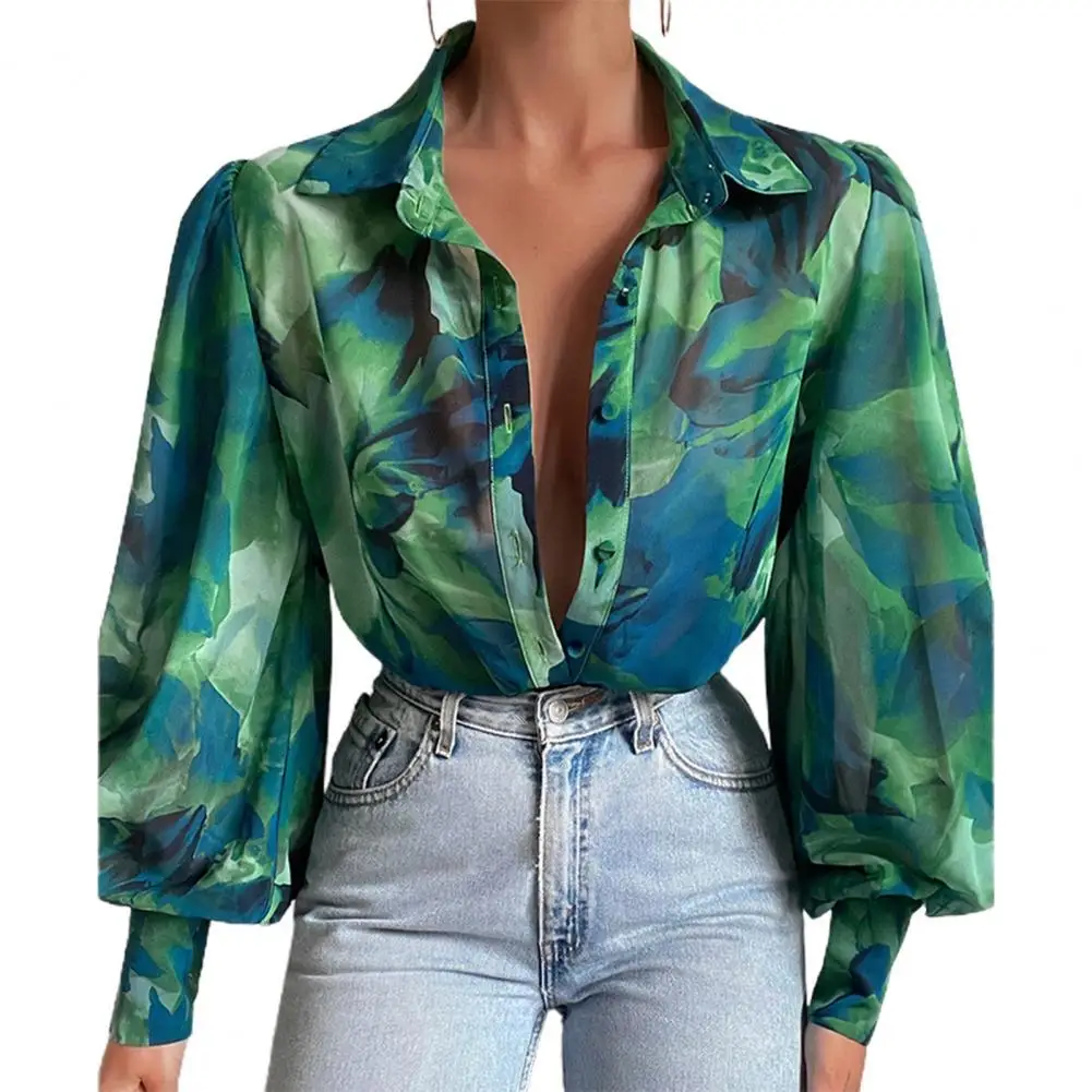 

Summer Women Shirts Elegant Turn-Down Collar Wide Cuffs Shoulder Pleating Women Shirt Lantern Sleeve Floral Print Vintage Shirt