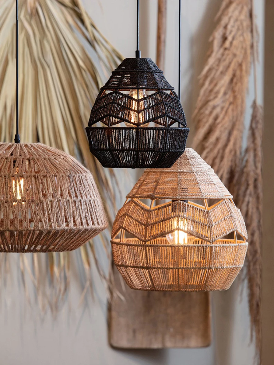

Wabi-sabi style, vintage rope chandeliers, rattan woven bamboo art restaurants, bedroom hotels, homestays, bar rooms