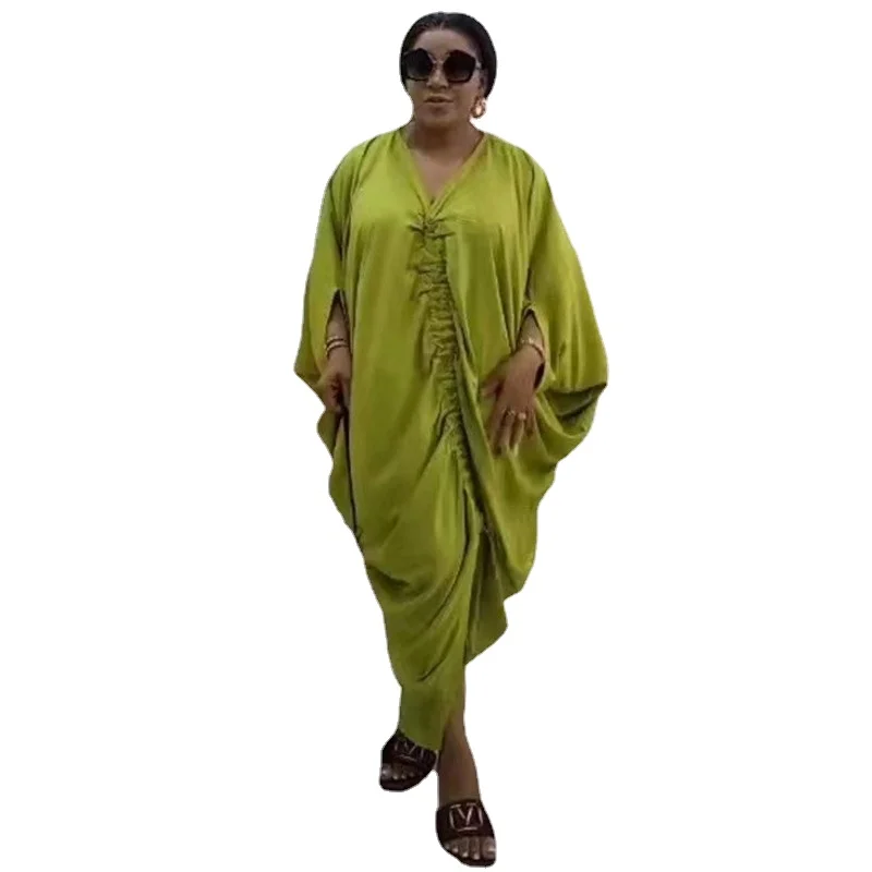 

European and American African dress fashionable V-neck bat sleeve pleated loose slimming and comfortable