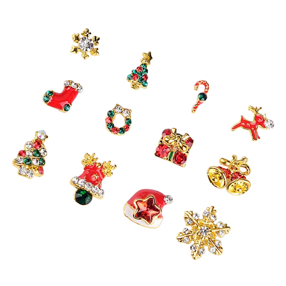 

12pcs Nail Pasters Holiday Artificial Nails Glitter Christmas Nail Jewelry Xmas Charms Snowman Nail Rhinestones Beads