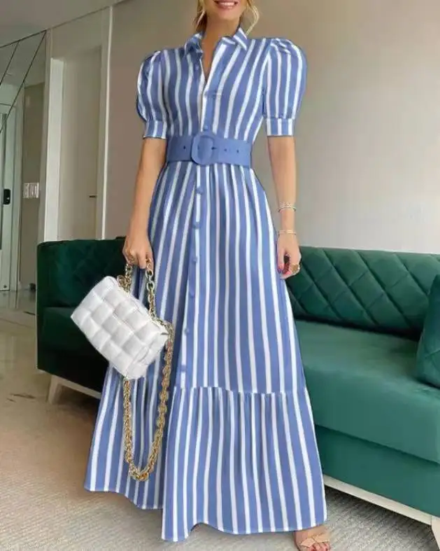 

2023 Spring/Summer New Striped Long Belt Lined Dress