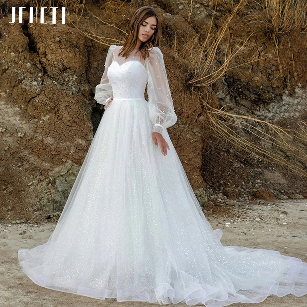 

JEHETH Pearls See Through Glitter Tulle Wedding Dress Long Puff Sleeve O-Neck A-Line Bridal Gowns Sweep Train robe de mariée