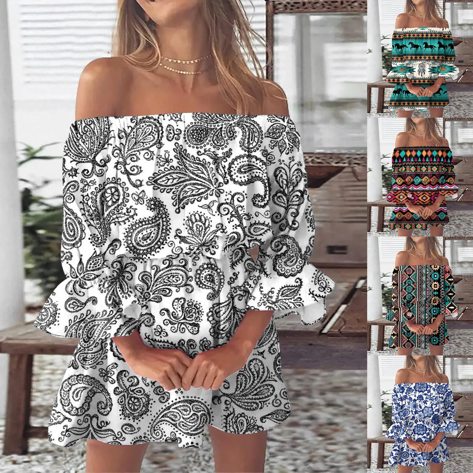 

Summer Dresses For Women Vintage Print Beach Sexy Off Shoulder Tunic Sundresses Casual Loose Fit Bell Juniors Summer Dresses