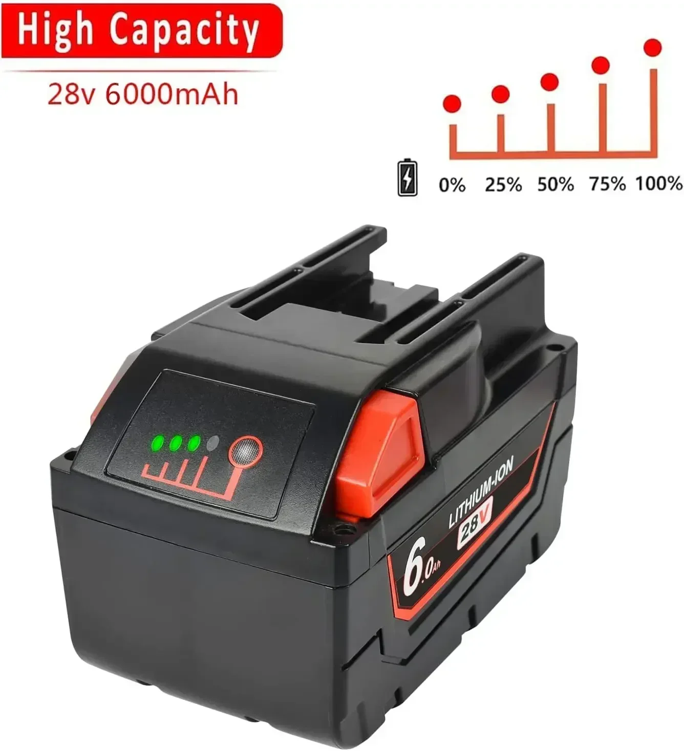 Фото Литий-ионный аккумулятор 28 В, 6 Ач для MILWAUKEE M28 V28 M28BX M28B 48-59-2819 0730-20, электроинструмент 48-11-2830 Вт/светодиодный манометр №2