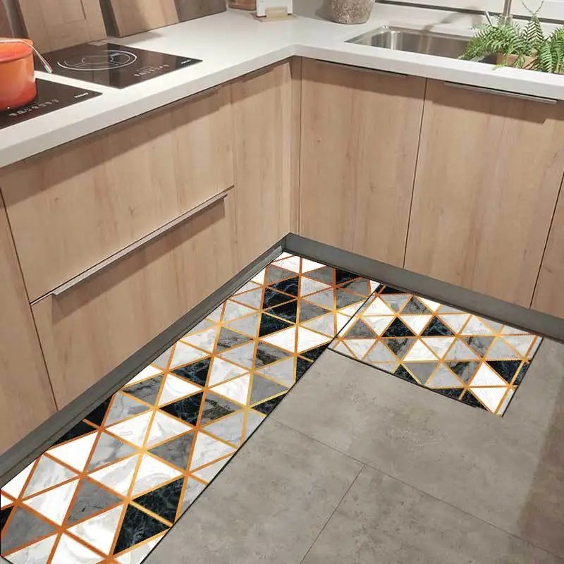 Простой Мраморный геометрический черный и белый зеленый кухонный коврик фотомат