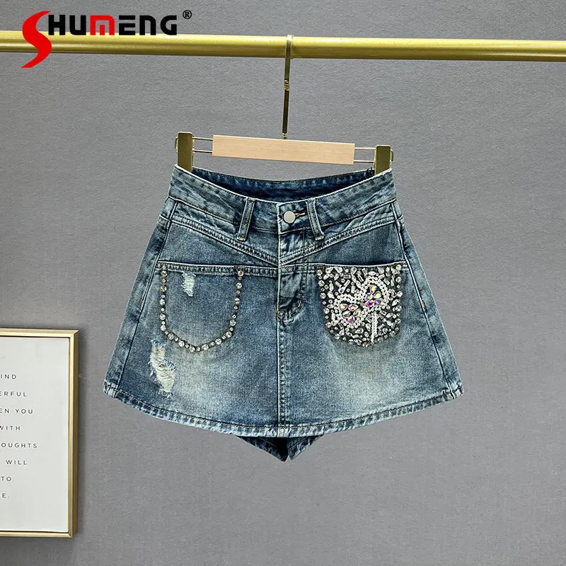 

Джинсовая юбка со стразами, женская короткая юбка-брюки, новинка 2023, летние свободные облегающие широкие штаны с высокой талией, шорты