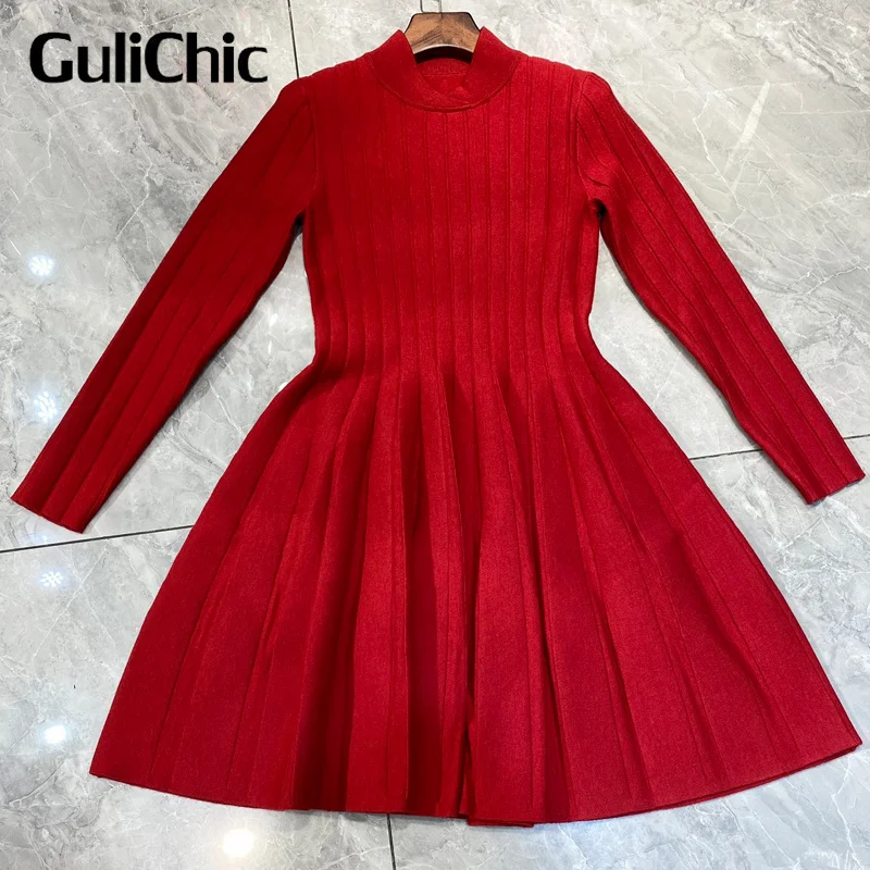 

Женское трикотажное платье GuliChic 8,28, простое однотонное платье мини с воротником-стойкой и длинным рукавом