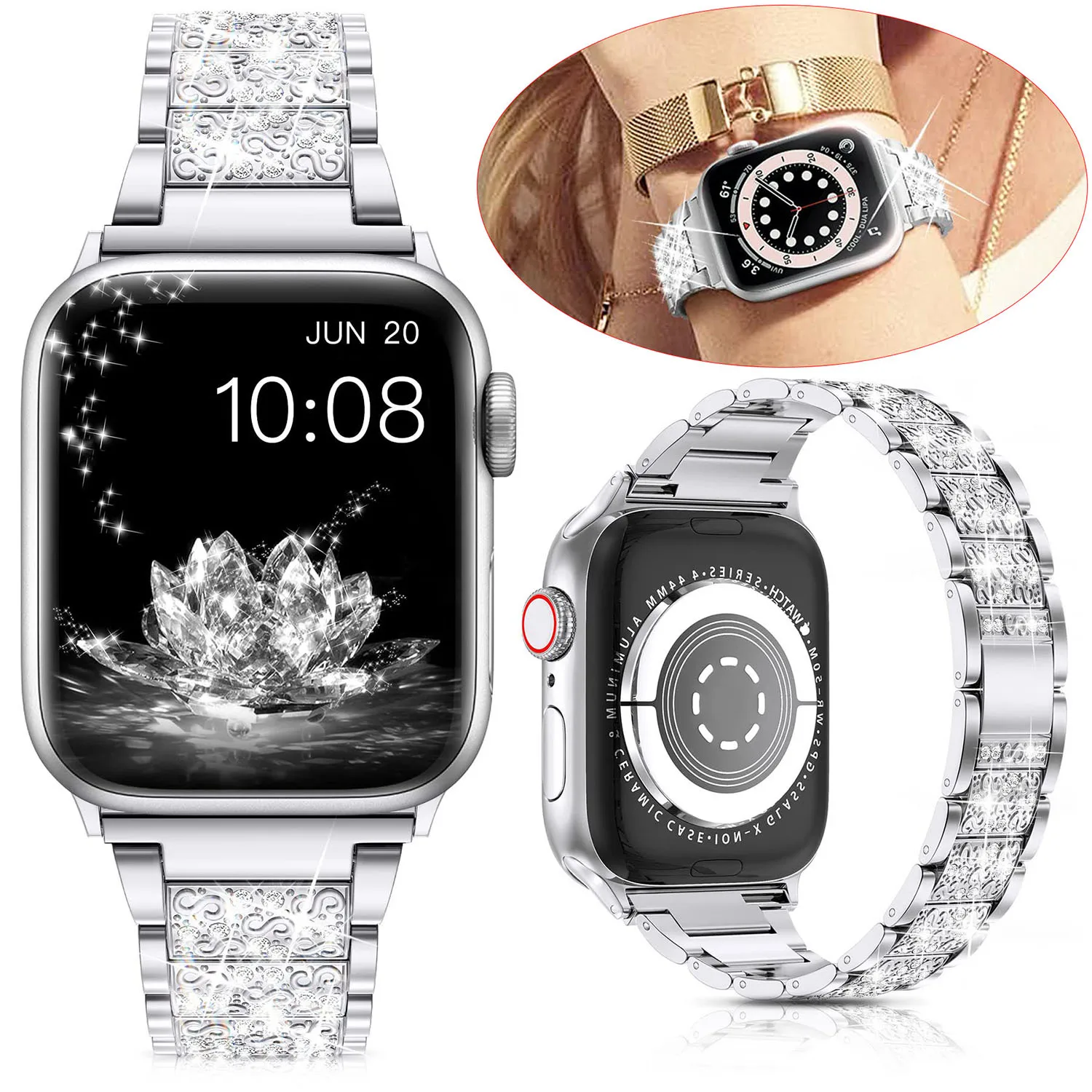 

Diamond Stainless Steel Strap For Apple Watch Band 7 45mm 41mm 6 5 4 SE 44mm 40mm Women Bracelet iwatch Strap 3 2 42mm 38mm