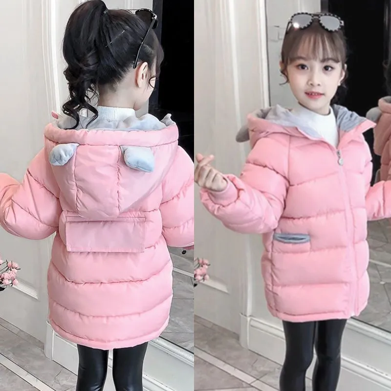 

Winter Girls Down Jacket Thickened Warm Hooded Fashion Medium Length Outerwear Cotton Coat Kids Clothes