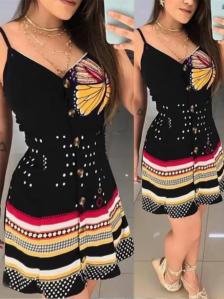 

Mandylandy Women Summer Butterfly Print Button Front Cami Dress Fashion Female Sleeveless High Waist Corset Vacation Dress