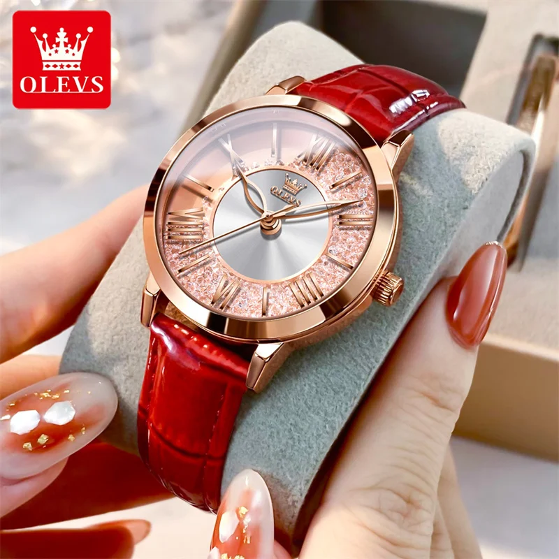 OLEVS Diamond Dial Women's Watches Red Ladies Fashion Watch New Casual Women's Analog WristWatch Bracelet Gift