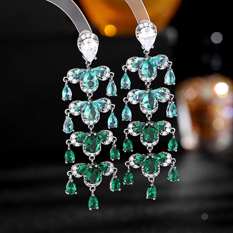 

Luxury Designer Dangle Tassel Drop Green Purple Red Cubic Zirconia Crystal Long Earrings for Women Wedding Party Jewelry Gift