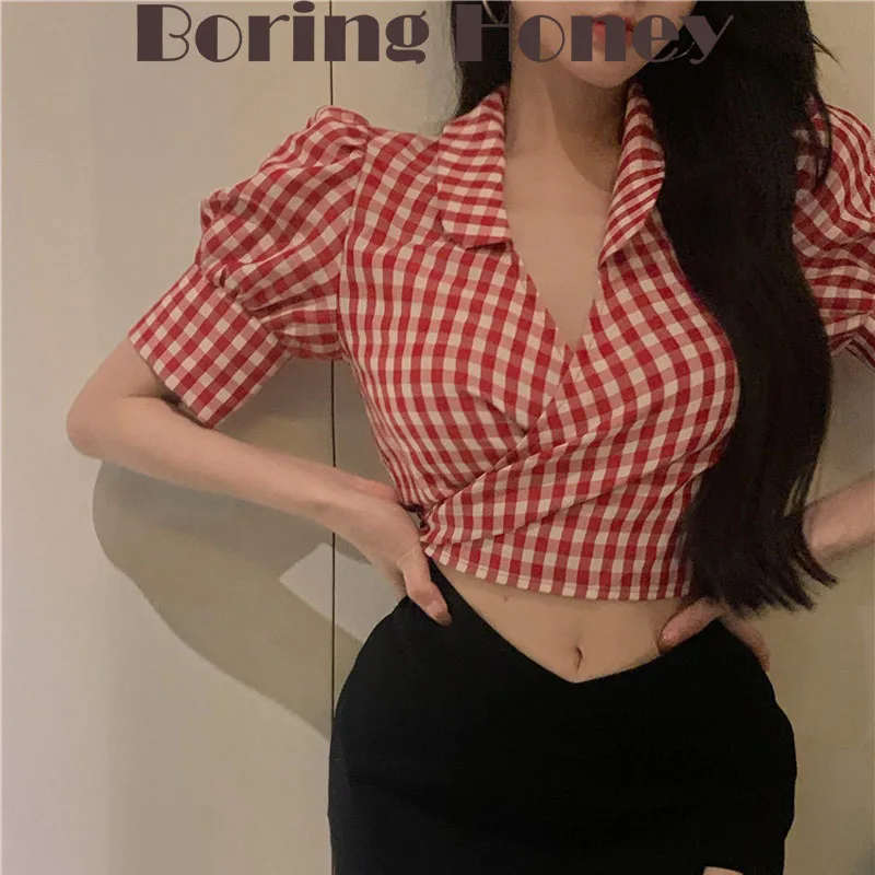 

Boring Honey Fashion Women Blouses Lace Up Short Women's T-Shirt Turndown Collar Slim Fit V-Neck Chic Retro Chequer Tops Women