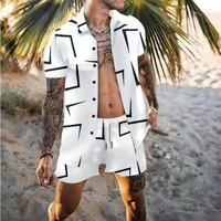 2022 summer mens trend new geometric print short sleeved hawaiian fashion casual shirt suit beach shorts two piece men fashion