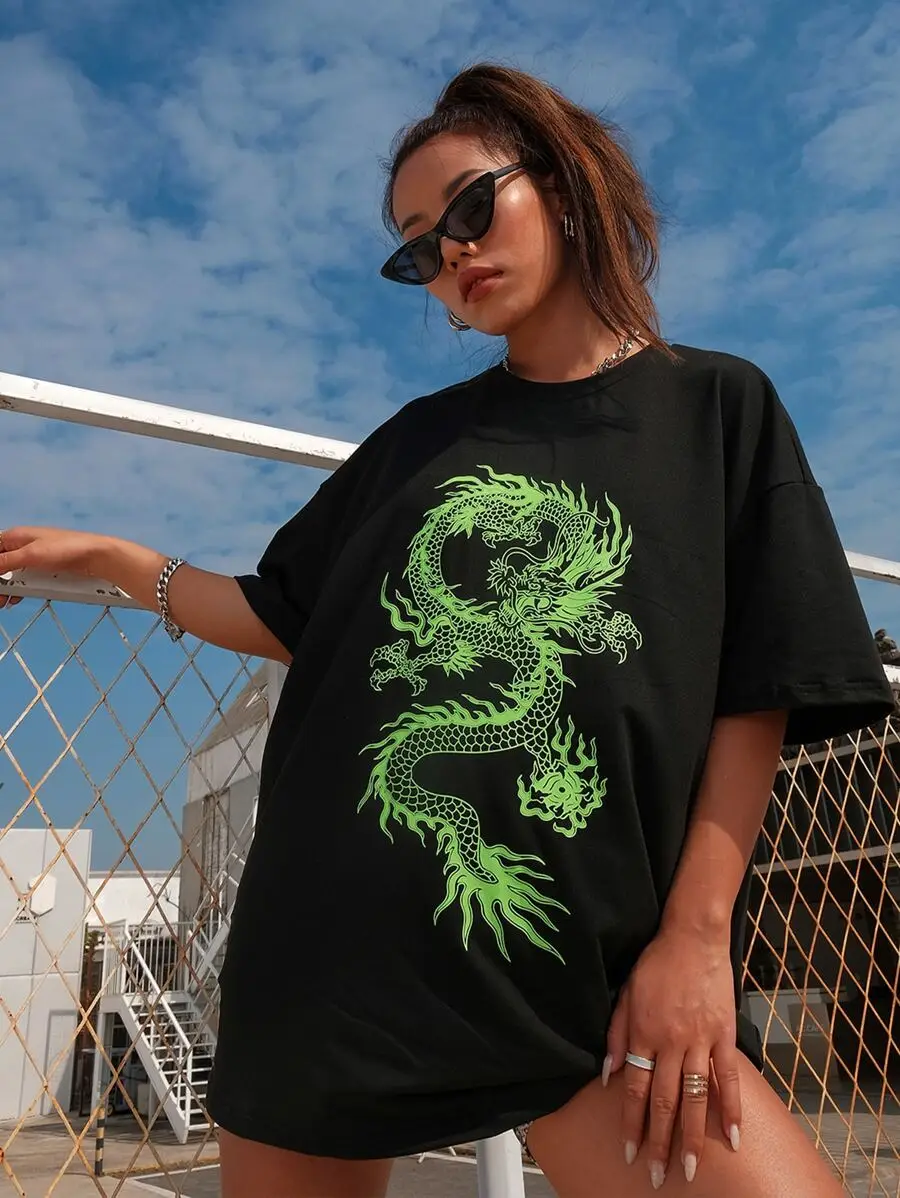 

Green Chinese Dragon Good Luck Print T-Shirt Women Oversize Hip Hop Loose Tee Clothes Personality Dropped Shoulders Streetwear