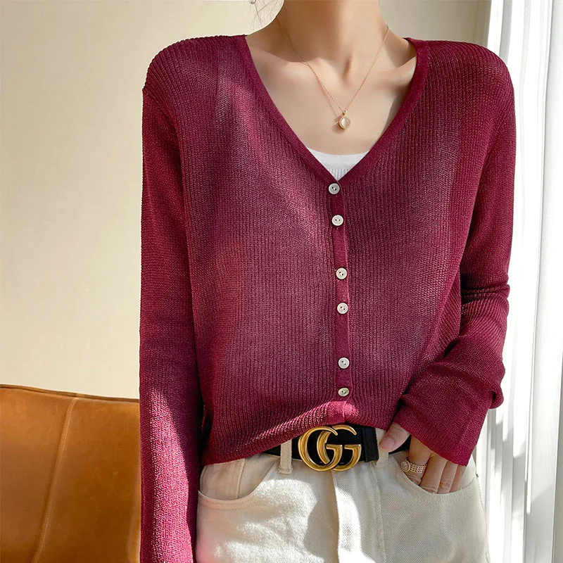 

Summer New Linen Cardigan Women's V-neck Short Top Slim Fashion Knitted Bottoming Shirt Sunscreen Women's Jacket