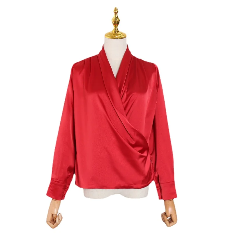 

Light Luxury Satin Pleated V-neck Shirt Women's 2022 Temperament Long-sleeved Fashion Solid Color Bottoming Shirts Top Dropship