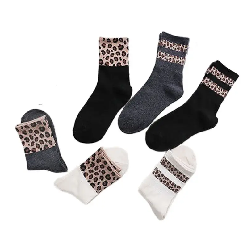 

Женские леопардовые носки, черные зимние теплые короткие носки в полоску, трендовые Стильные повседневные эластичные носки для женщин, удо...
