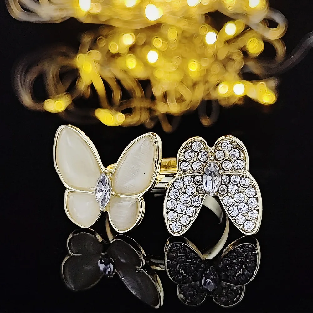 

Новинка 2023, Женское кольцо в европейском и американском стиле с двойным летающим бабочкой и камнем кошачий глаз, регулируемое открытое женское кольцо