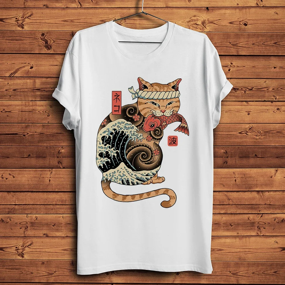 Фото Koi Tattoo Lucky Neko Cat Shogun Samurai Yamaguchi Gumi Забавная аниме-футболка Мужская белая повседневная футболка унисекс Уличная футболка №5