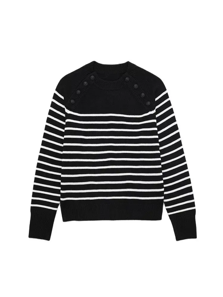 

PB & ZA 2022 autumn and winter on the new women's chic round neck row of buttons decorated striped knitwear 2893199