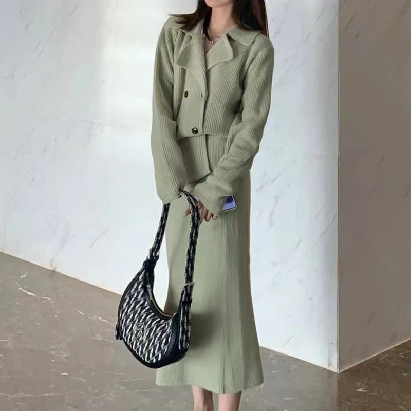 

Temperament Lapels Korean Version Autumn Comfortable Long-Sleeved Jacket Fashion Casual Skirt Milk Tea Green Knit Two-Piece