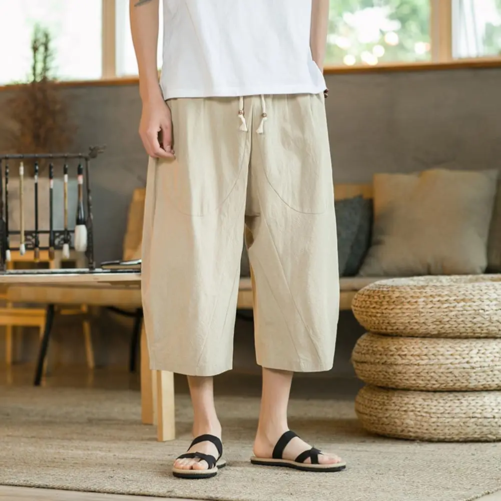 

Chic Cropped Pants Pockets Deep Crotch Plus Size Men Summer Trousers Wide Leg Men Summer Pants Men Garment