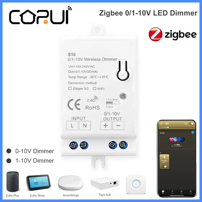 

CoRui Tuya Zigbee 3.0 0-10V 1-10V Dimming Controller Smart Home Works With Alexa Google Home Tuya APP Smartthings Hub Required