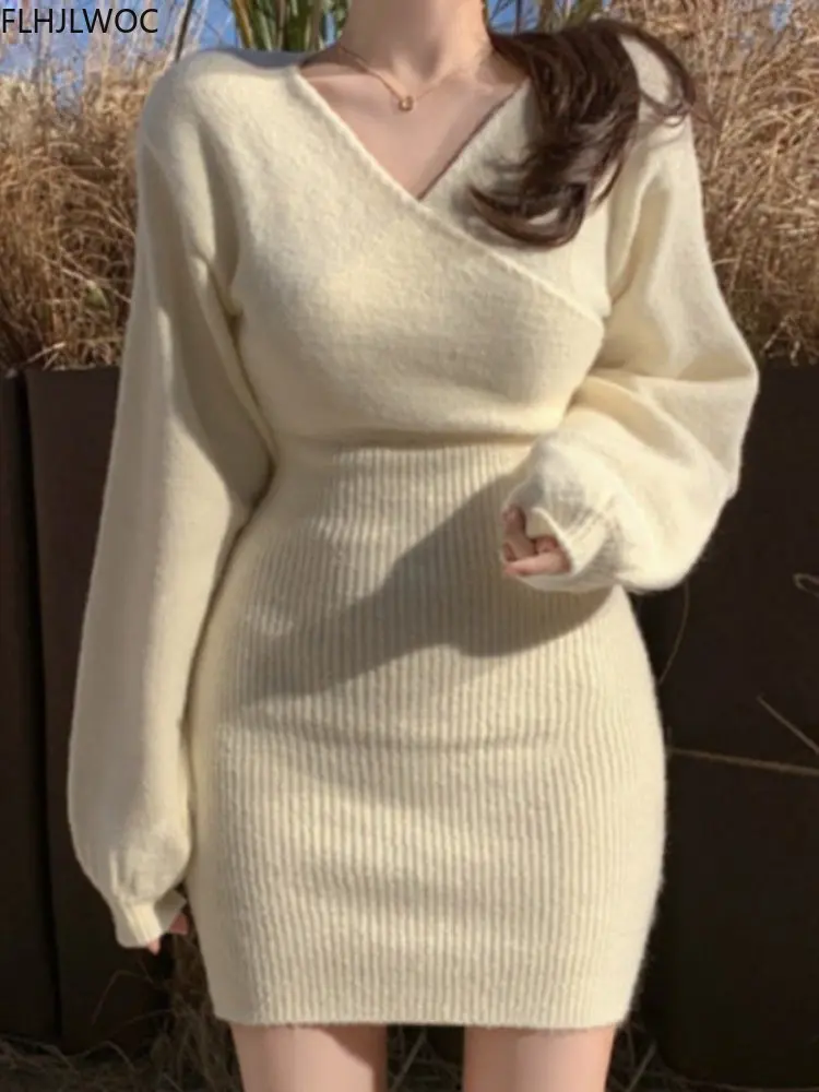 

Hot Sale Stretchy Women Knitted Sweater Pullover Dress Autumn Winter Basic Wear V Neck Lady Chic Korea Ruffles Knit Mini Dress