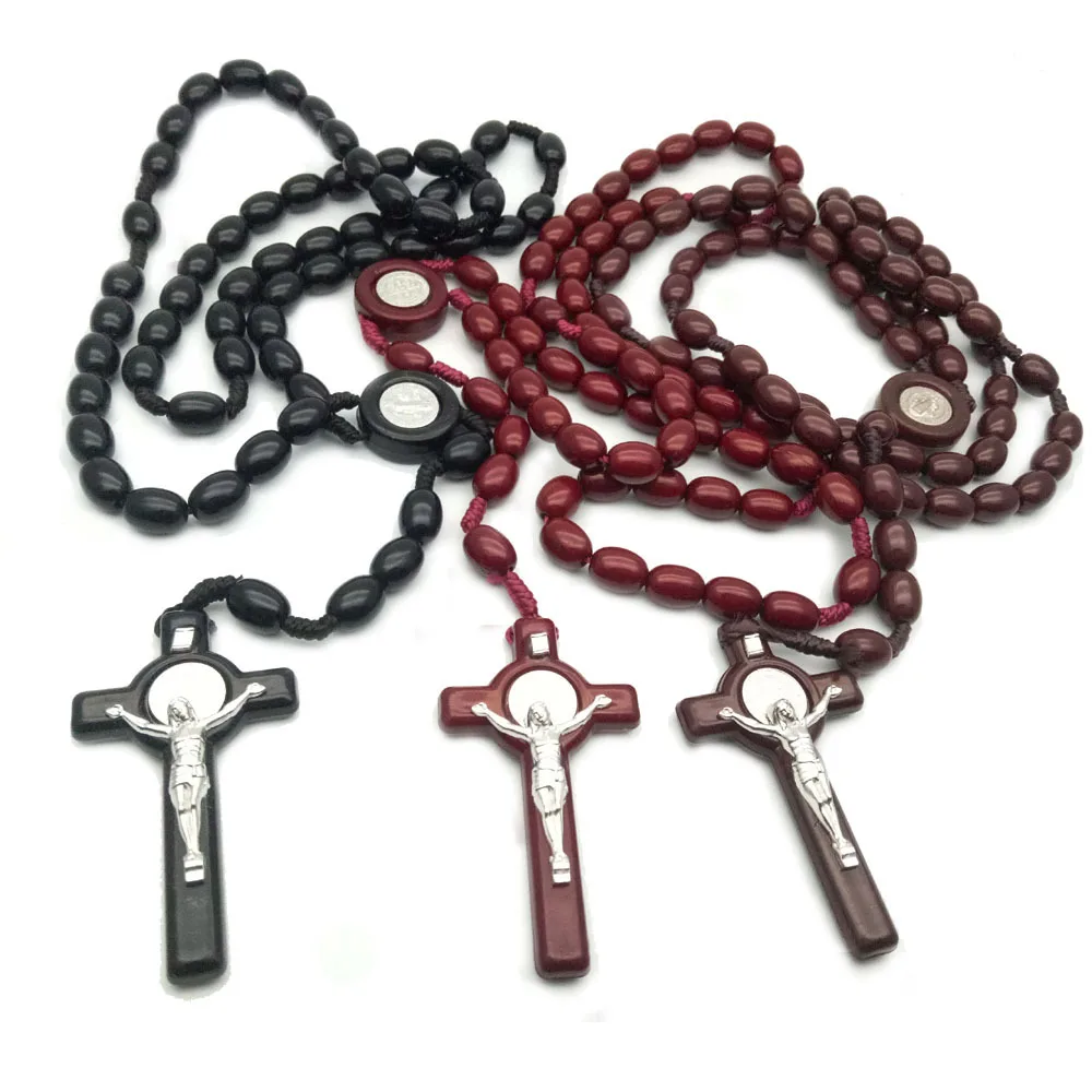 

Wood Beads Cross Pendant Necklace Christian Rosary Hand-woven Beaded Necklace Jesus Catholic Religious Jewelry Wholesale