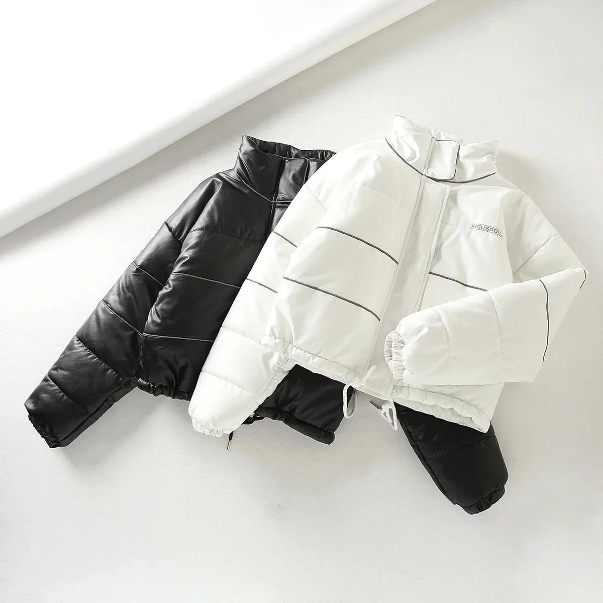 Winter New Womens Short Cotton Jacket Stand Collar Bread Jacket Reflective Strip Cotton Jacket Women