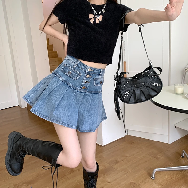 Denim Skirt Women's Blue Summer Shorts Casual Commuter Ruffles High Waist Slim Spicy Girl Wrap Hip  Skirt Pleated Short Skirt