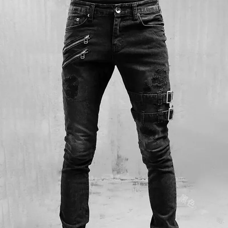 2022 Men High Waist Fashion Jean Spring Summer Boyfriend Motorcycle Street Wear Skinny Casual Denim Pants Jeans Straight Trouser