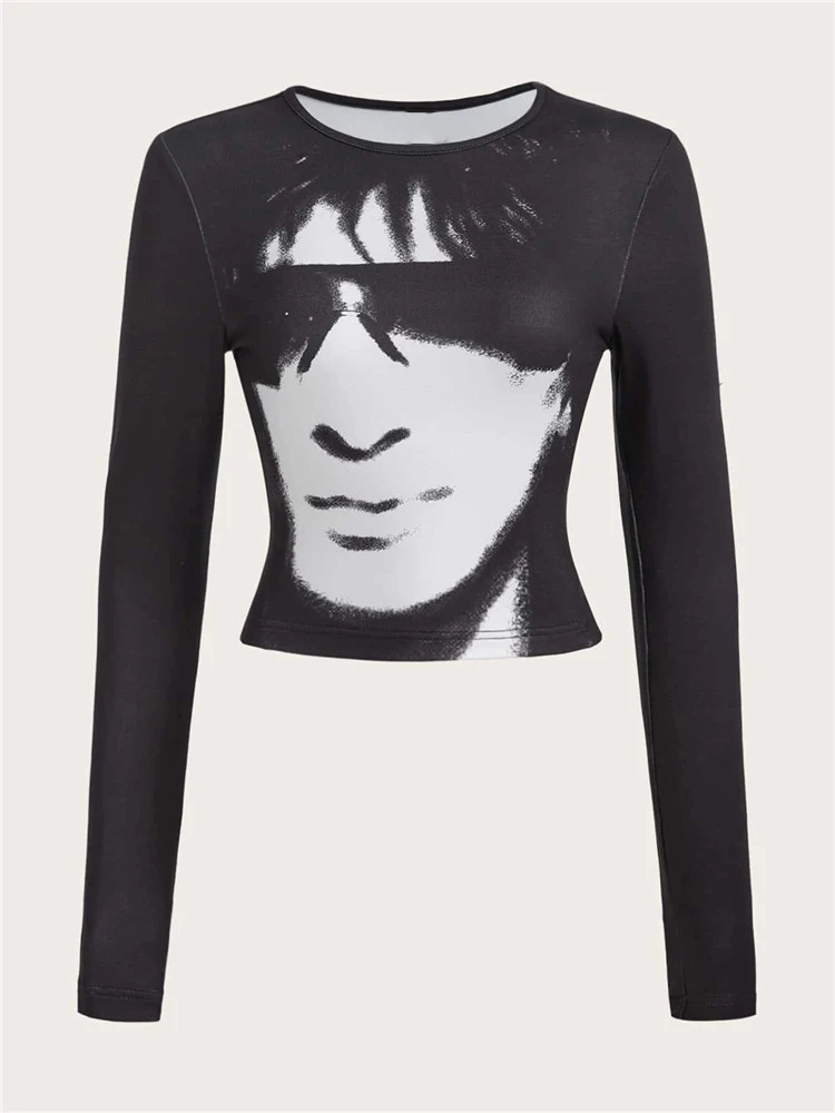 

Женская футболка с длинным рукавом, принтом и круглым вырезом