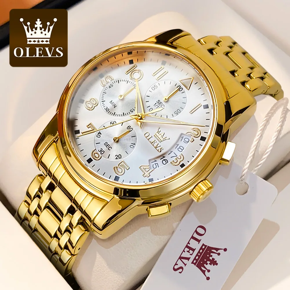 

OLEVS Men Watch Stainless Steel Waterproof Multifunctional Quartz Wristwatch for Men Original Movement Luxury Reloj Hombre Gold