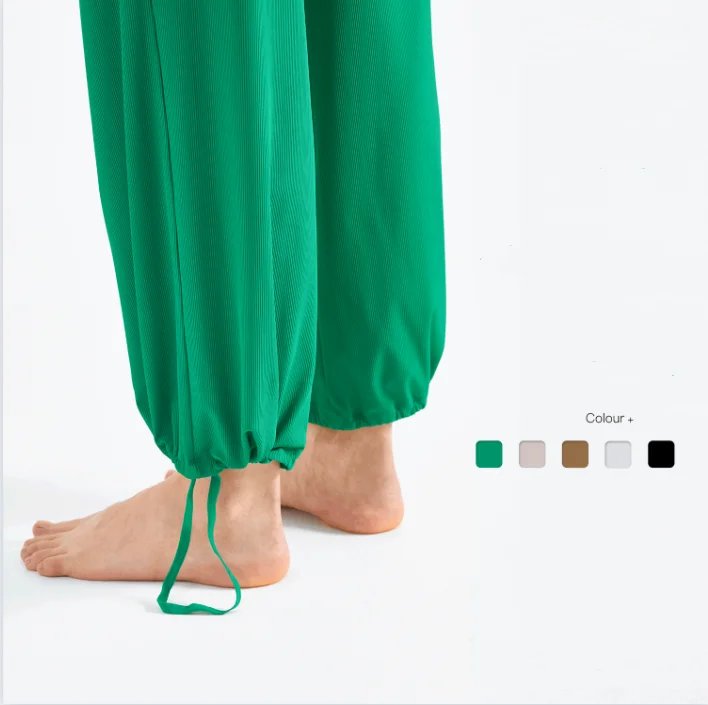 SHINBENE Sun Protection High Waist Flare Yoga Leggings Drawstring Comfy Ribbed Sports Wide Leg Pants for Women